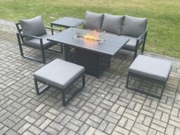 Fimous Aluminium 6 Pieces Garden Furniture Sofa Set with Cushions Gas Fire Pit Dining Table Set with 2 Big Footstools Side Table Dark Grey - thumbnail 1