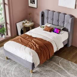 Merax Upholstered Bed with Type-C & USB Charging Ports Headboard in Grey - Size: Single - thumbnail 1