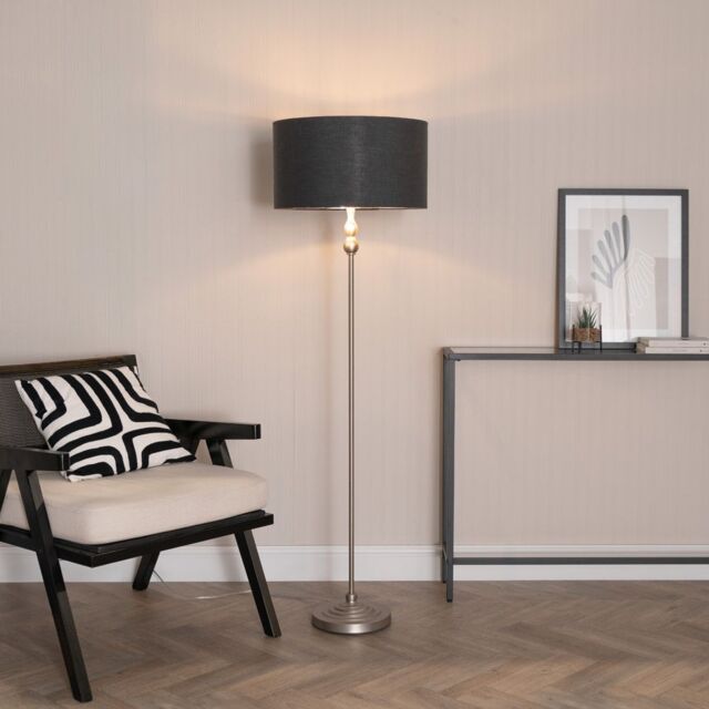 ValueLights Maggie Chrome Candlestick Floor Lamp with Chrome Inner Lamp Shade & LED Bulb in Charcoal - image 1