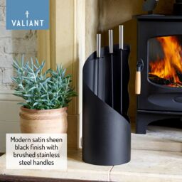 Valiant Fireside Companion Tool Set Includes Ash Brush, Coal Shovel, Log Poker & Decorative Stand in Black