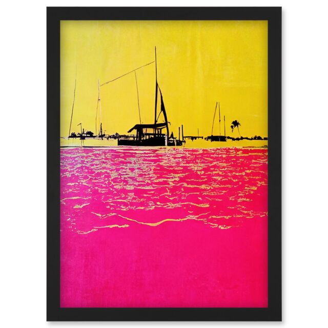 Artery8 Modern Abstract Seaside Port With Colour Blocking Yellow & Hot Pink Artwork Framed Wall Art Print A4 in Black - image 1