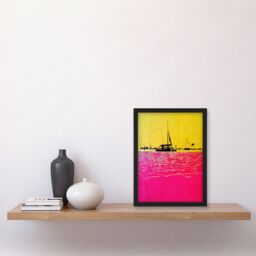 Artery8 Modern Abstract Seaside Port With Colour Blocking Yellow & Hot Pink Artwork Framed Wall Art Print A4 in Black - thumbnail 2