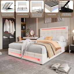 Matteo Upholstered Bed, Hydraulic Bed, Adults Teenagers 4ft6 Double Bed in Beige - thumbnail 8