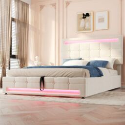 Matteo Upholstered Bed, Hydraulic Bed, Adults Teenagers 4ft6 Double Bed in Beige - thumbnail 6