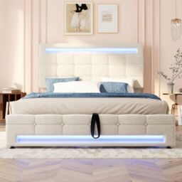 Matteo Upholstered Bed, Hydraulic Bed, Adults Teenagers 4ft6 Double Bed in Beige - thumbnail 5