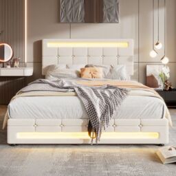 Matteo Upholstered Bed, Hydraulic Bed, Adults Teenagers 4ft6 Double Bed in Beige - thumbnail 2