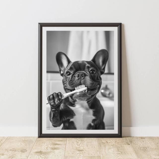 60 SECOND MAKEOVER French Bulldog Brushing Teeth Animal Print - Size: A3 - image 1