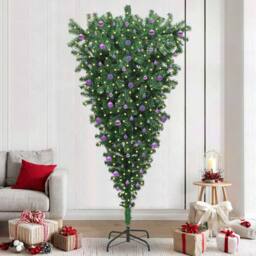 Berkfield Home Upside-down Artificial Pre-lit Christmas Tree with Ball Set in Green - thumbnail 1