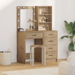 Berkfield Home 2 Piece Dressing Table Set with LED Artisan Oak Engineered Wood in Brown - thumbnail 1