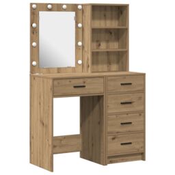 Berkfield Home 2 Piece Dressing Table Set with LED Artisan Oak Engineered Wood in Brown - thumbnail 2