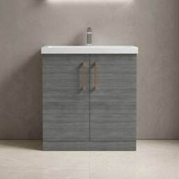 Balterley Bathroom Floor 2-Door Vanity Unit Basin, Anthracite Woodgrain, 800mm in Grey - thumbnail 2