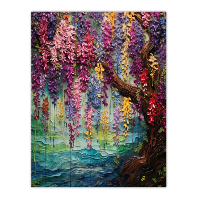 "Artery8 Colourful Cascading Wisteria Over Riverbank Heavy Oil Painting Unframed Wall Art Print Poster Home Decor Premium - Size: W12"" x H16""" - image 1
