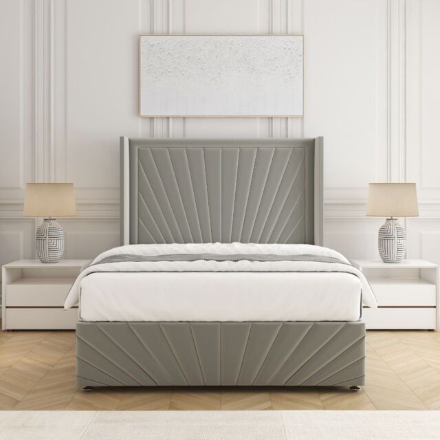 "BSSPOKE Nola Plush Velvet Divan Bed Set 54"" Headboard & Mattress No Drawers in Silver - Size: Super King" - image 1