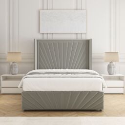 "BSSPOKE Nola Plush Velvet Divan Bed Set 54"" Headboard & Mattress No Drawers in Silver - Size: Super King" - thumbnail 1
