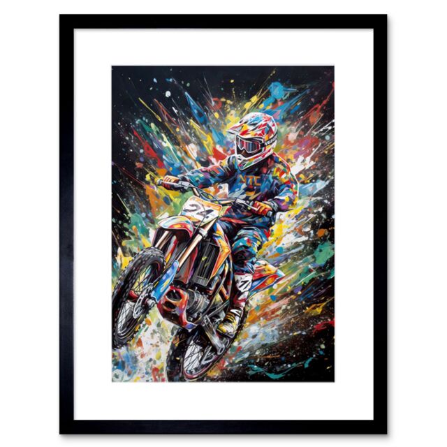 "Artery8 Wall Art Print Motorcycle Motocross Rainbow Paint Splatter Artwork Framed 9X7 Inch in Black - Size: W7"" x H9""" - image 1