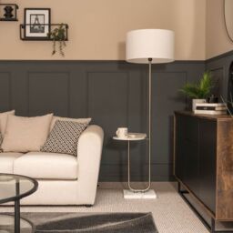 ValueLights Tavel Brushed Chrome Marble Base Floor Lamp With Table & Large White Shade in Silver