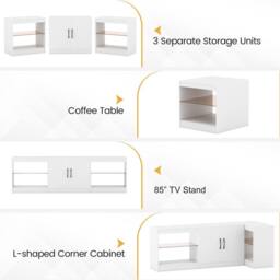"Gymax TV Stand for 85"" TVs With Light Entertainment Media Console Cabinets in White" - thumbnail 5