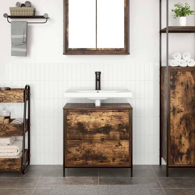 Berkfield Home Decorative Bathroom Basin Cabinet with Drawers Smoked Oak 60x34.5 in Brown - image 1