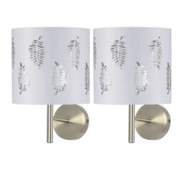 First Choice Lighting Set of 2 Brea - Antique Brass Wall Lights with White Fern Shades in Gold