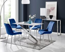 FurnitureboxUK Leonardo White Glass Marble Effect Silver Leg Table & 4 Pesaro Silver Chairs in Navy