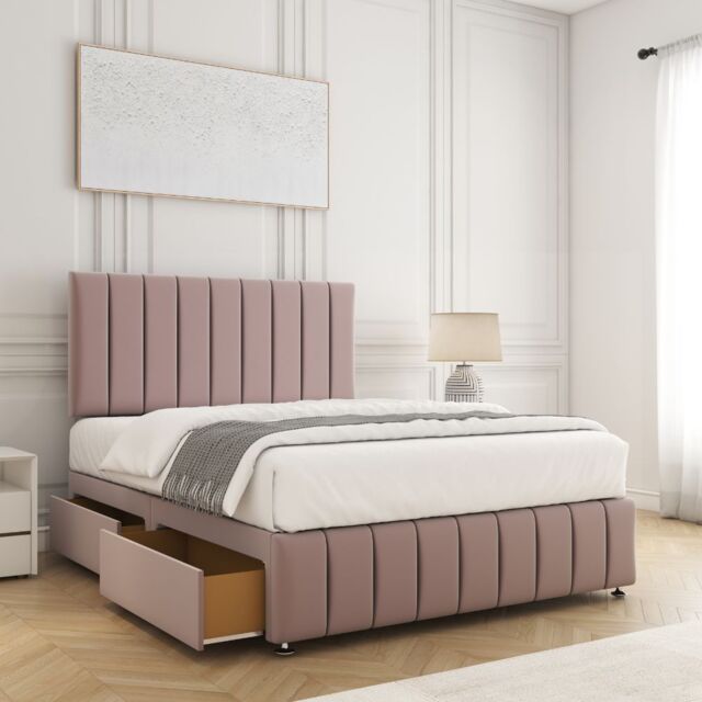 "BSSPOKE Sierra Divan Bed Plush Velvet 24""Headboard 2Drawers Footend & Mattress in Pink - Size: King" - image 1