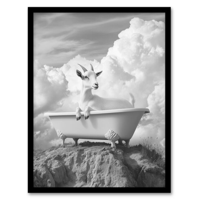 "Artery8 Goat in a Bathtub on a Hill Black White Surreal Framed Art Print in Grey - Size: W12"" x H16""" - image 1