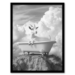 "Artery8 Goat in a Bathtub on a Hill Black White Surreal Framed Art Print in Grey - Size: W12"" x H16""" - thumbnail 1