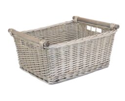 Red Hamper Wicker Grey Wash Wooden Handled Storage Basket - Size: Small - thumbnail 1