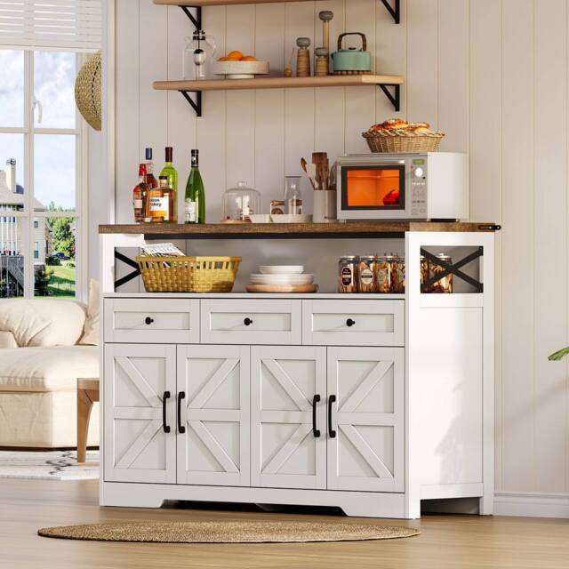 Merax White Farmhouse Sideboard with 3 Drawers & Shelves, Bar Cabinet - image 1