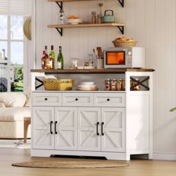 Merax White Farmhouse Sideboard with 3 Drawers & Shelves, Bar Cabinet - thumbnail 1