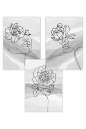 ARTZE Set of 3 Female Line Art Floral Faces on Grey Art Posters in Light Grey - Size: W59 cm x H84 cm - thumbnail 1