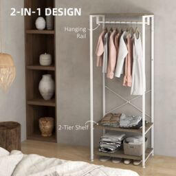 HOMCOM Coat Rack, 2-in-1 Clothes Stand w/ Shoe Storage, 168cm Free Standing Hall Tree w/ Hanging Rail & 2 Storage Shelves for Hallway, Entryway - thumbnail 4