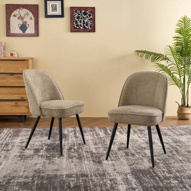 SONARA Set of 2 Modern Bouclé Fabric Dining Chairs with Metal Legs in Khaki - image 1