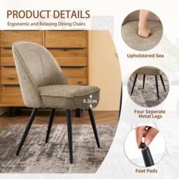 SONARA Set of 2 Modern Bouclé Fabric Dining Chairs with Metal Legs in Khaki - thumbnail 4