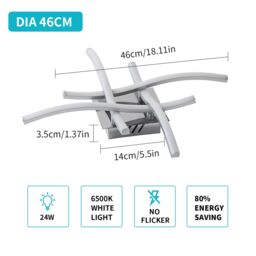 COMELY 24W Modern Ceiling Lights with 4 Curved Lamps, Cold White Light 6500K in Silver - thumbnail 6