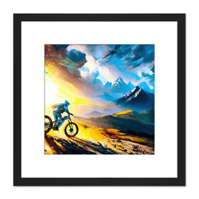 Artery8 Sunrise Mountain Biker Landscape Freedom Sort Outdoor Painting Square Wooden Framed Wall Art Print Picture 8X8 Inch in Black