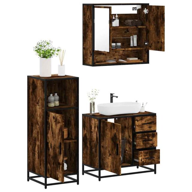 Berkfield Home 3 Piece Bathroom Furniture Set Smoked Oak Engineered Wood in Brown - image 1