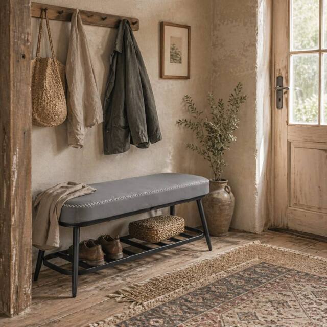 Wyld Haus Hanoke Grey Faux Leather Shoe Storage Bench with Cushioned Seat - image 1