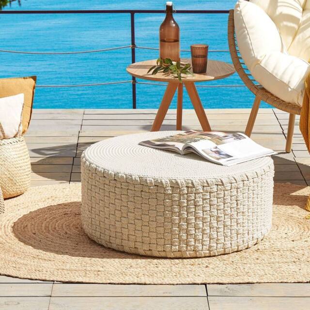 Wyld and Coco Beige Handwoven Outdoor Pouffe 70 cm - image 1