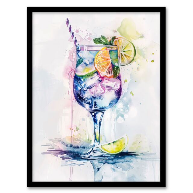 "Artery8 Tropical Cocktail Drink Colourful Watercolour Framed Art Print in White - Size: W12"" x H16""" - image 1