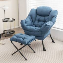 Costway Lazy Chair w/ Ottoman Leisure Reading Chair Lounge Chair w/ Pillow in Blue - thumbnail 3