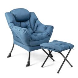 Costway Lazy Chair w/ Ottoman Leisure Reading Chair Lounge Chair w/ Pillow in Blue