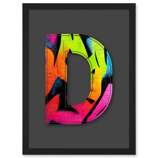 Artery8 Letter D Fluorescent Abstract Decorative Graffiti Mural Alphabet Initial Stencil Artwork Framed Wall Art Print A4 in Black - image 1