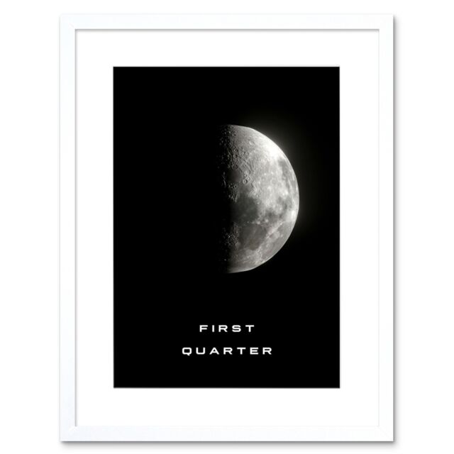 "Artery8 Wall Art Print Phases of the Moon Astronomy First Quarter Lunar Space Poster Artwork Framed 9X7 Inch in White - Size: W7"" x H9""" - image 1