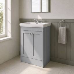 Balterley 600mm Floor Standing 2 Door Unit & Classic Basin 3 Tap Hole Satin Grey - thumbnail 4