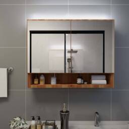 Berkfield Home LED Bathroom Mirror Cabinet Oak 80x15x60 cm MDF in Brown - Size: 80 x 15 x 60 cm - thumbnail 2