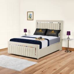 UK Bed Furniture Chrome Edge Slatted Base Upholstered Bed Frame with 48-inch Headboard in Cream - Size: Super King