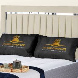 UK Bed Furniture Chrome Edge Slatted Base Upholstered Bed Frame with 48-inch Headboard in Cream - Size: Super King - thumbnail 2