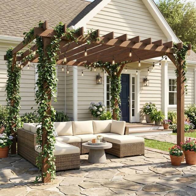 OUTSUNNY 3.6 x 3 m Wooden Pergola Gazebo Grape Trellis, Maple Wood-effect in Natural - Size: 3m x 3m - image 1
