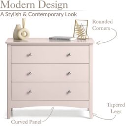 Christow Pink Chest of Drawers Modern 3 Drawer Bedroom Storage Unit Furniture Cabinet - thumbnail 5